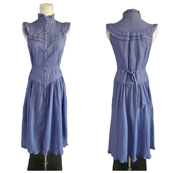 Pamela Love Midi Dress Small Cotton Blue Eyelet Embroidered Button Front - Picture 4 of 11